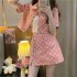 2pcs set Women Tops Skirt Suit Fashion Elegant Plaid Short sleeved Crop Top Jacket Skirt Two piece Set blue XXL
