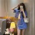 2pcs set Women Tops Skirt Suit Fashion Elegant Plaid Short sleeved Crop Top Jacket Skirt Two piece Set blue XXL