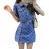 2pcs set Women Tops Skirt Suit Fashion Elegant Plaid Short sleeved Crop Top Jacket Skirt Two piece Set blue XXL