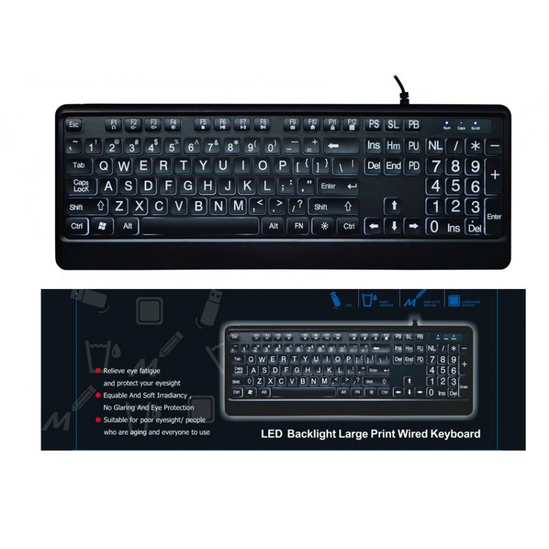 Illuminate Large Print Backlit Wired Computer Keyboard  