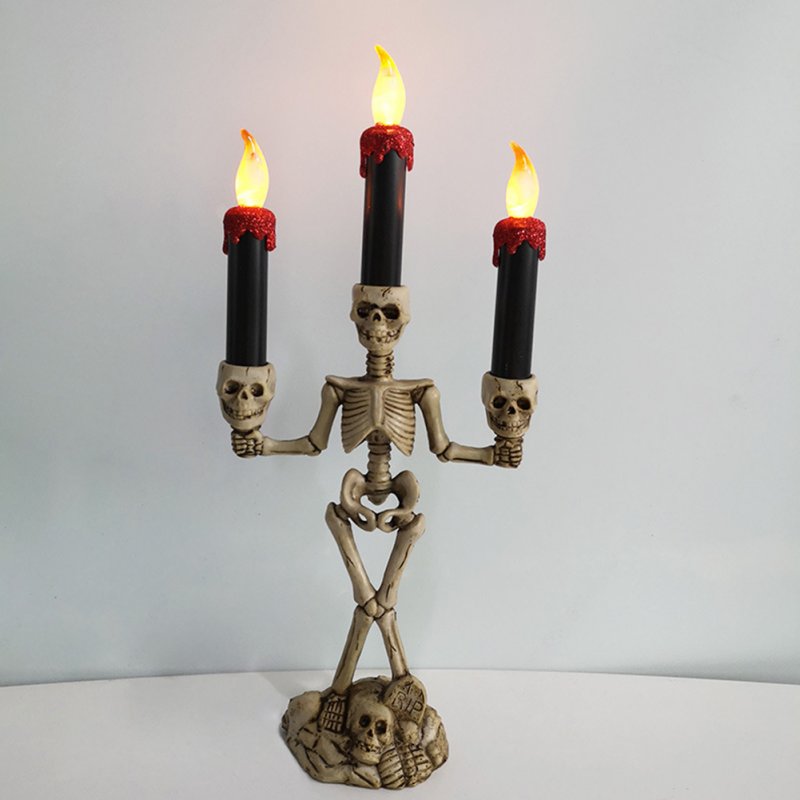 3-Arms LED Skeleton Candle Light Stand for Halloween Party Home Decor Battery Powered Red three candles