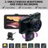 3 Channel Dash Cam Front Rear Inside 1080p Full High Definition Wide Angle Dashboard Camera Ir Night Vision Black