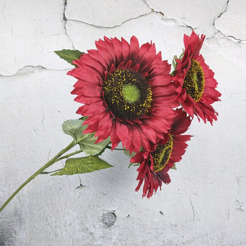 3 Heads Sunflower Artificial Flowers Bouquet Home Wedding Decor DIY Crafts red_63cm