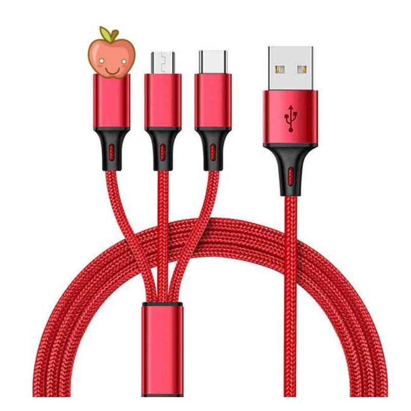3 In 1 Multi-function Data Line Mobile Mobile Phone Charging Cable One Dragging Three Braided Data Cable Red