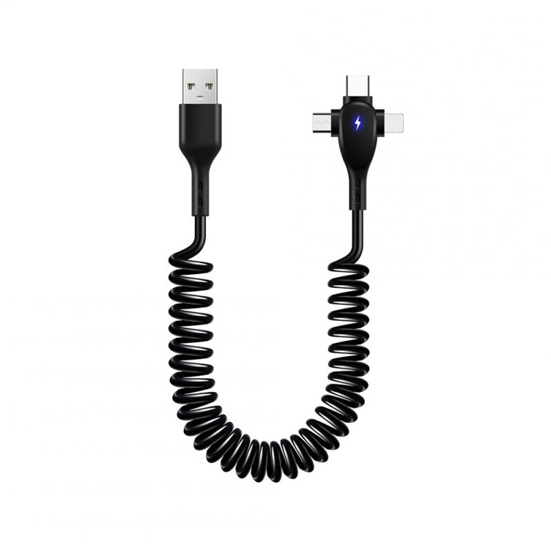 3 In 1 Retractable Usb Cable 6a 66w Fast Charging T-type Spring Data Cable Compatible For Ios Android Type-c black