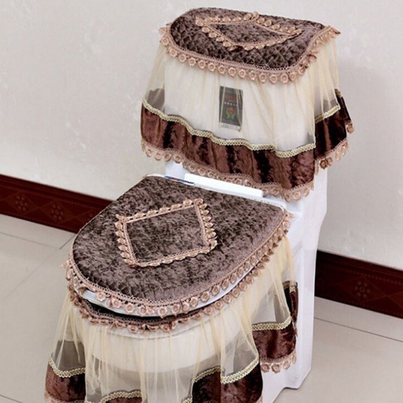 3 PCS Flannel Cashmere Lace Printed Home Decoration Water Tank Cover+Toilet Cover Seat+Toilet Seat Coffee_Three-piece suit