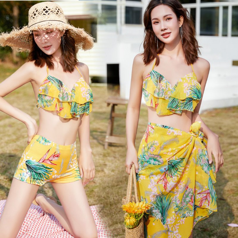 3 Pcs/set Women Swimsuit Sexy Slimming Floral Printin Bikini Top+ Shorts + Overall yellow_l Suitable for 52.5-59 kg