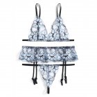 3 Pcs set Women Underwear Sexy Net Yarn Printing See through Bra  Underpants  Garter blue s
