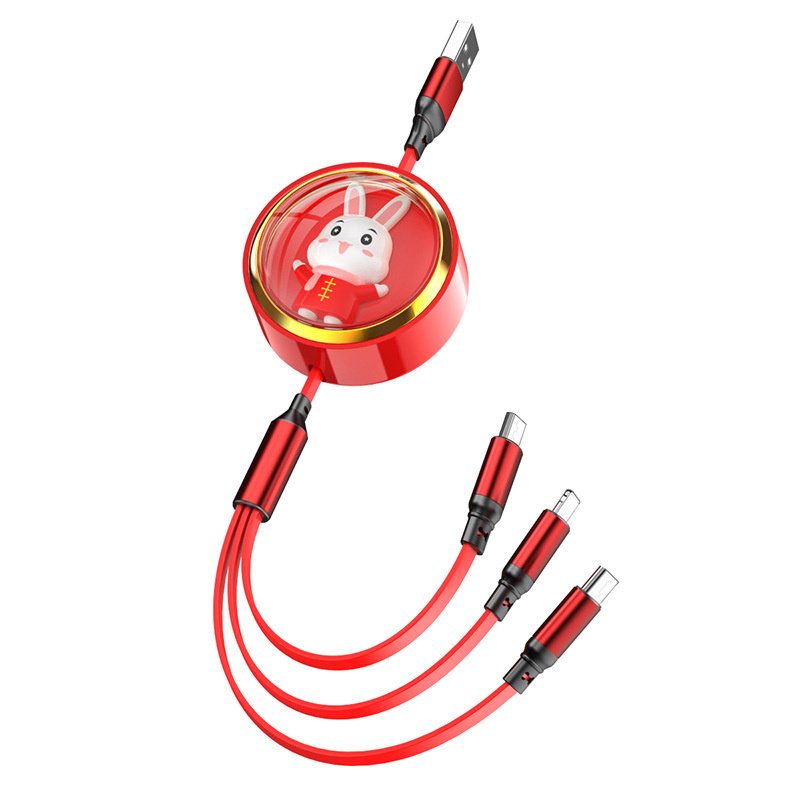 3-in-1 Retractable USB Data Cable Cute Rabbit Decoration Charging Cable