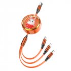 3 in 1 Retractable USB Data Cable Cute Rabbit Decoration Charging Cable for IOS Android Type c Orange