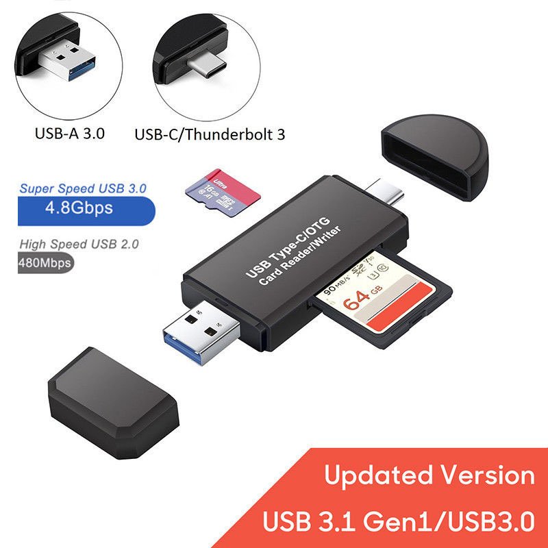 3 in 1 USB 3.0 Type C USB C TF SD Card Reader Adapter for Macbook Android black