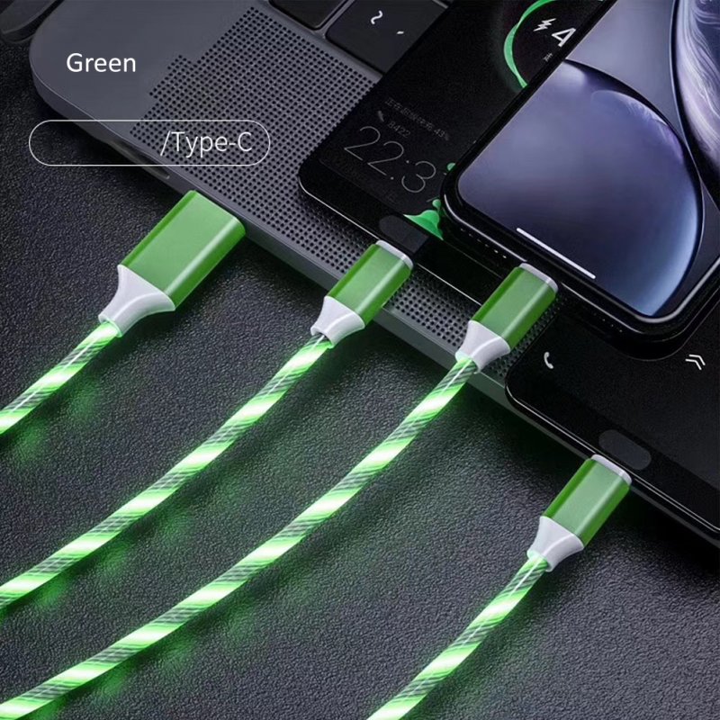 3-in-1 USB to Micro USB Type-C Lighting 2A LED Fast Charging Data Cable Adapter for Mobile Phones green