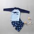 3 piece Kids Boys Split Swimsuit Cartoon Print Long sleeved Sunscreen Shirt Quick drying Swimming Trunks With Cap blue 9 10Y 3XL