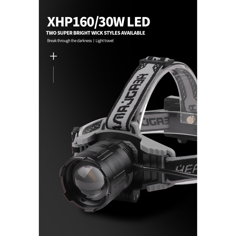 30w Xhp160 Led Headlamp 170 Degree Adjustable Telescopic Zoom Type-c Rechargeable Head Lights With Led Battery Indicator  (without battery)