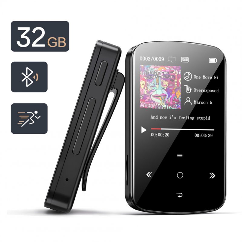 32gb Portable Mini Clip Mp3  Player Bluetooth-compatible 5.0 Music Lossless Hifi Sound Audio Player With Fm Radio Pedometer Function 32GB black