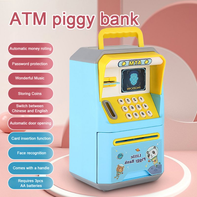 Intelligence Piggy Bank Simulation Facial Recognition Password ATM Machine With Handle Coins Cash Saving Box Toy For Kids Gifts blue No battery