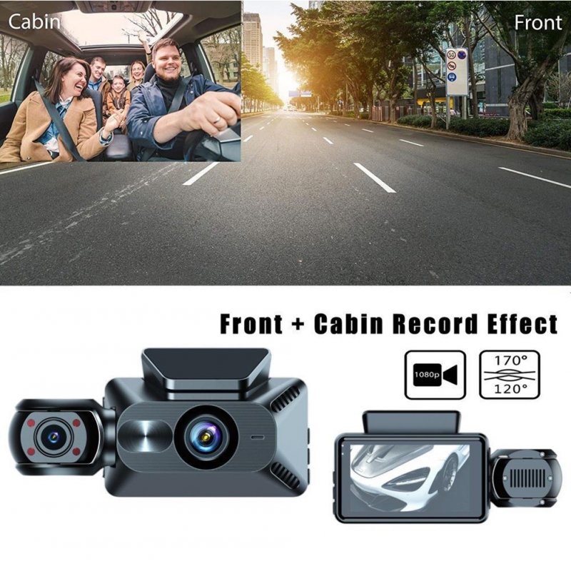 Dash Cam Front Rear Inside 3 Channel Dash Camera 3.0 Inch Ips Screen Parking Monitor Video Recorder Loop Recording 