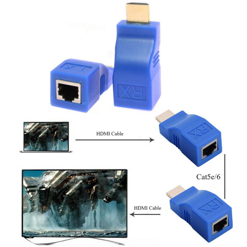 30M HDMI To RJ45 Network Cable Extender Converter Repeater Over CAT-5e CAT6 blue_no