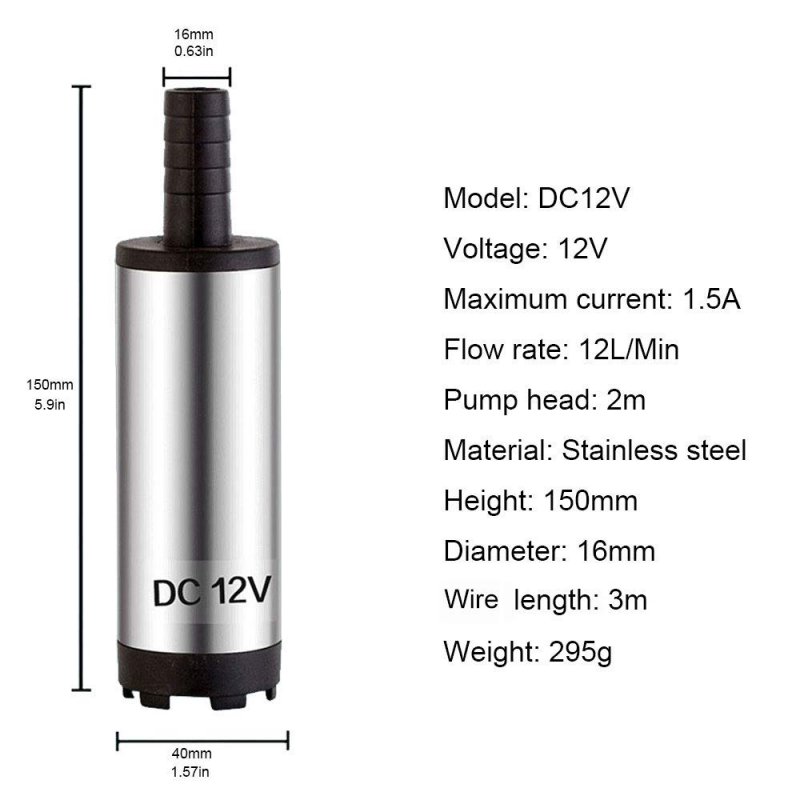 DC 12V Electric Submersible Pump Stainless Steel Submersible Pump for Water Diesel Oil Silver