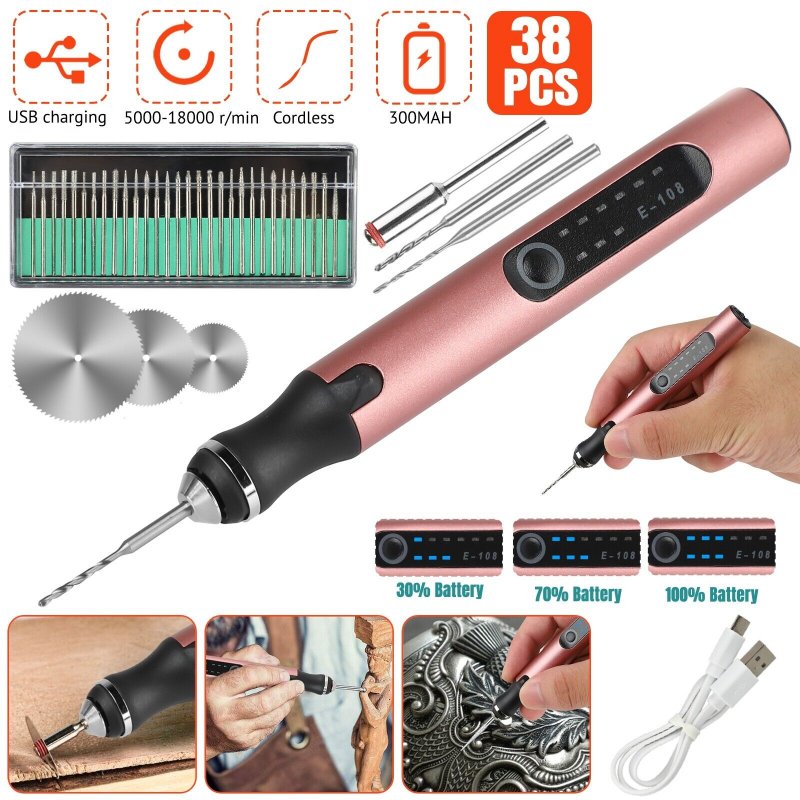 Wholesale 38PCS Electric Engraving Pen with Drill Bits 3 Levels Adjustable  Speed USB Charging Wireless Engraver E108 From China
