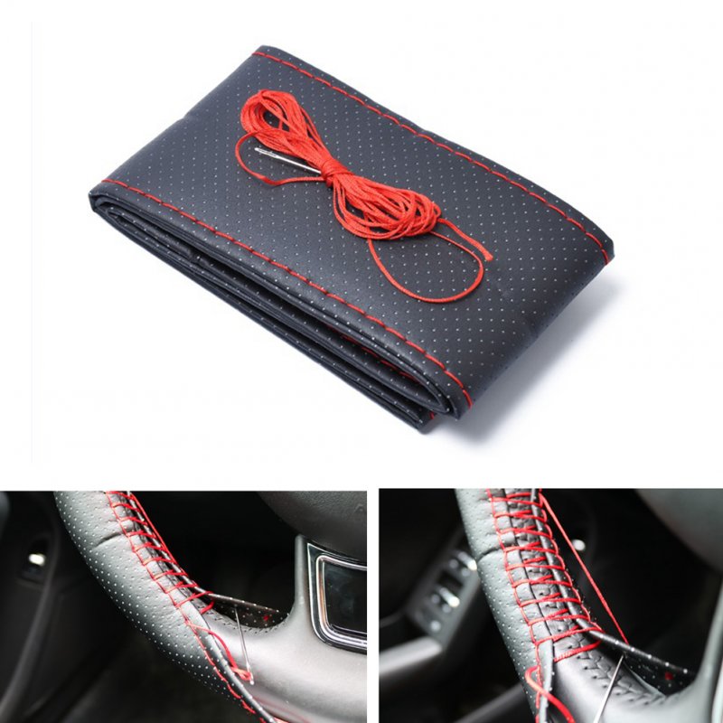 38cm Diameter Handmade Microfiber Leather Steering Wheel Cover Red + Black Cover Black and red_A0276