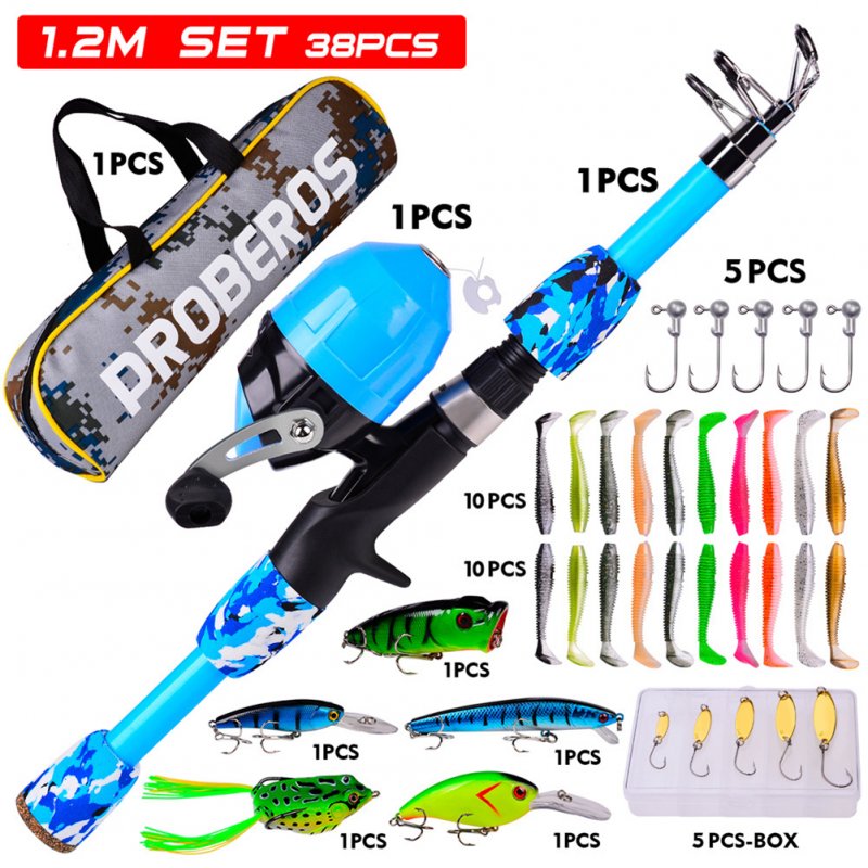 38pcs/set Children Sea Pole Set Mini Spinning Rod Fishing Rod Accessories Camouflage blue_38-piece suit/1.2m