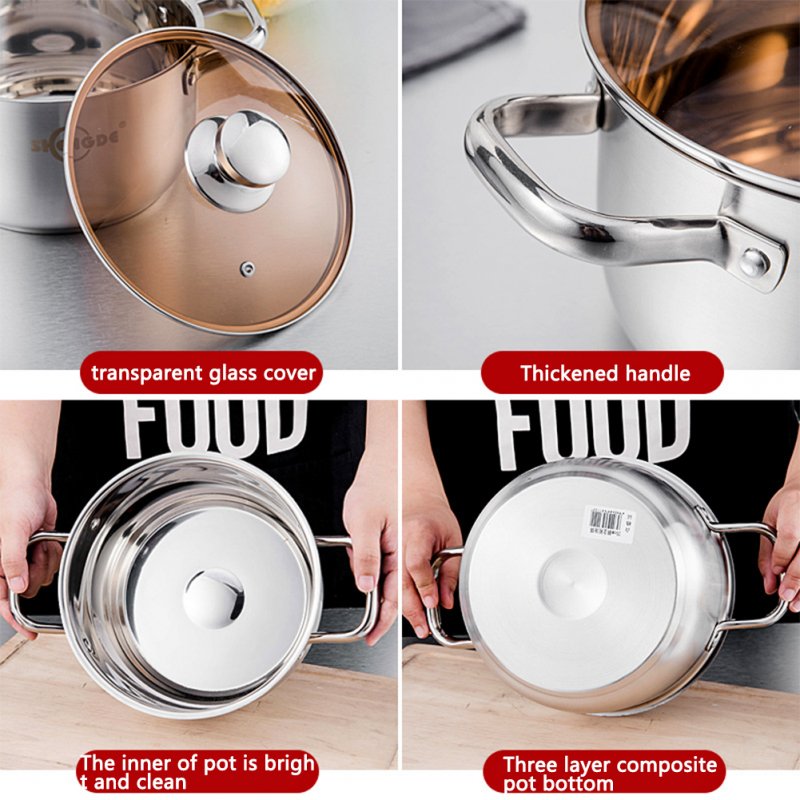 Household Soup Pot Non-sticky Thickened Stainless Steel Binaural Pot Induction Cooker with Tempered Glass Lid