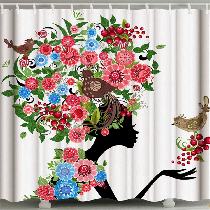3d Printing Shower  Curtain Waterproof Bathroom Hanging Curtain Decoration Flower and bird girl_150*180cm