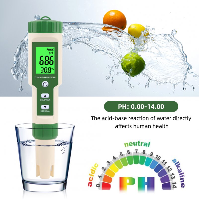 Water Quality Tester 5 in 1 Ph/tds/ec/orp/temp Meter Portable Tester for Aquarium Swimming Pool Drinking 