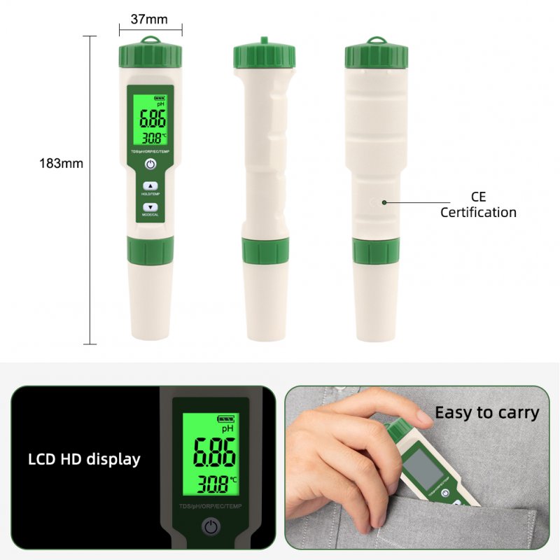 Water Quality Tester 5 in 1 Ph/tds/ec/orp/temp Meter Portable Tester for Aquarium Swimming Pool Drinking 