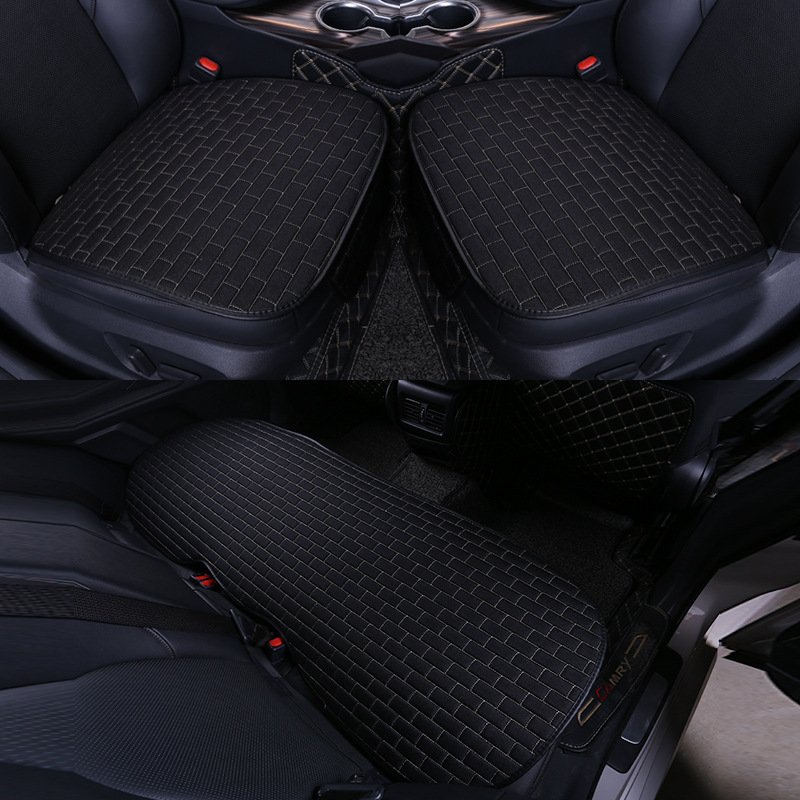 Car Seat Cover set Four Seasons Universal Design Linen Fabric Front Breathable Back Row Protection Cushion Classic black_Small 3-piece suit