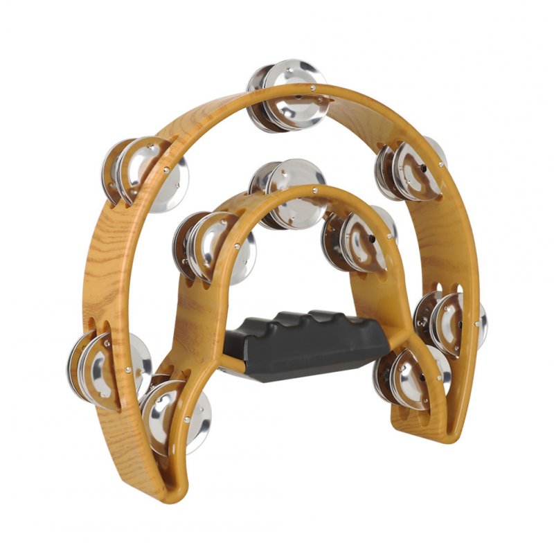 Compact Music Tambourine Double Half Moon Design ABS Handbell Percussion Tamborine Drum Wood color