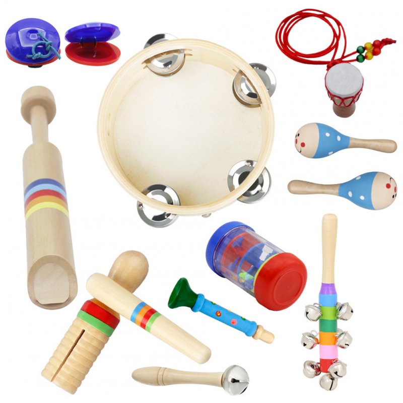 10pcs/set Orff Wooden Musical Instrument Set Hand Tambourine+Rain Sound Tube+Colorful Sound Tube+Flute+Rattle+Barbell+Horn+Maracas+Necklace+Castanet 10pcs/set