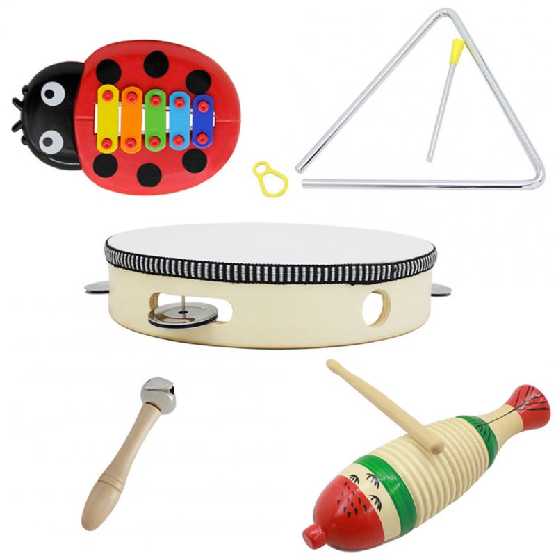 5pcs/set Orff Musical Instrument Set with Fish Frog+8inch Hand Tambourine+Barbell+6inch Music Triangle+Beetle Five-tone Aluminum Pannel Guitar 5pcs/set