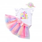 3pcs Baby Girls Skirt Set Flying Sleeve Romper Rainbow Princess Skirt With Headband For 0-2 Years Old Kids My first 6-9M 74