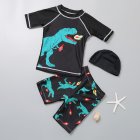 3pcs Boys Split Swimsuit Set Summer Short Sleeves Sunscreen Quick-drying Swimwear Swimming Trunk With Swimming Cap black 8-10years 3XL