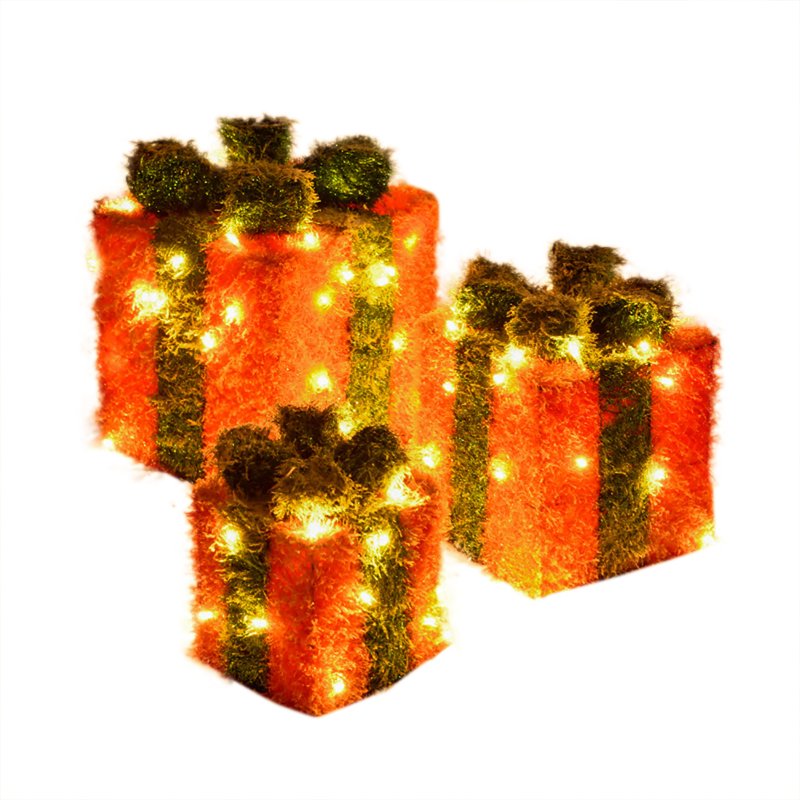 3pcs Christmas Lighted Gift Boxes With Bow Christmas Lighting Box Ornament For Home Indoor Porch Party Decoration red and green