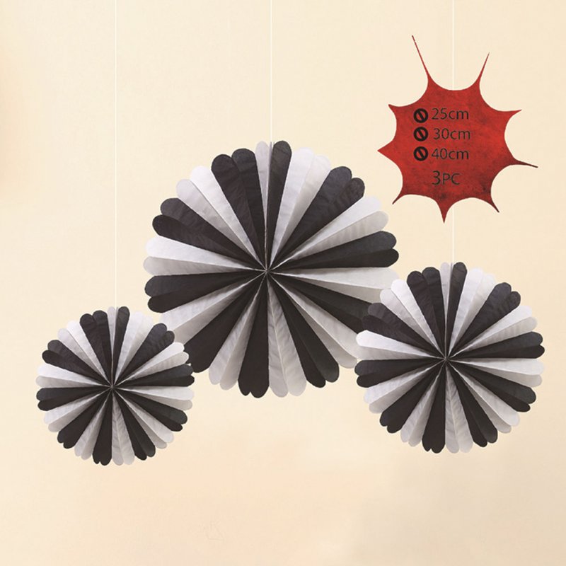 3pcs Halloween Hanging Paper Fans Ghost Decoration Bars Festval  Black and white [containing three large, medium and small]