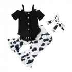 3pcs Summer Girls Cotton Suit Sleeveless Tank Tops Trousers Headscarf Three-piece Set For Kids Aged 1-2 black 100cm 18-24M XL