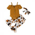 3pcs Summer Girls Cotton Suit Sleeveless Tank Tops Trousers Headscarf Three-piece Set For Kids Aged 1-2 brown 70cm 0-6M S