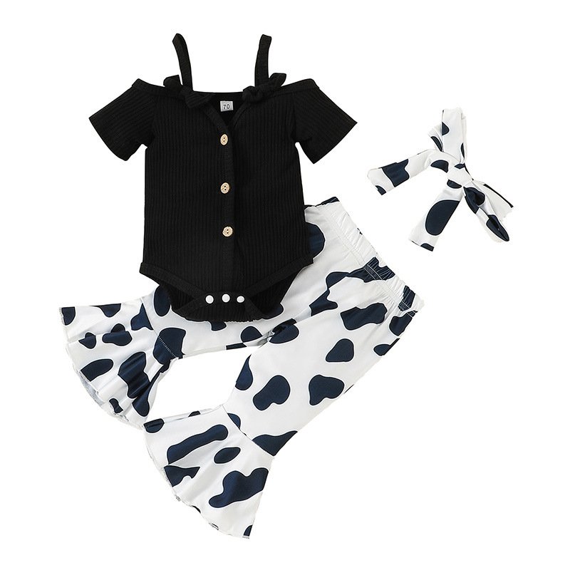 3pcs Summer Girls Cotton Suit Sleeveless Tank Tops Trousers Headscarf Three-piece Set For Kids Aged 1-2 black 80cm 6-12M M