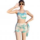 3pcs Women Bikini Set With Long Sleeves Sunscreen Cover-up Sweet Printing Sleeveless Tops Shorts Suit lake green XL