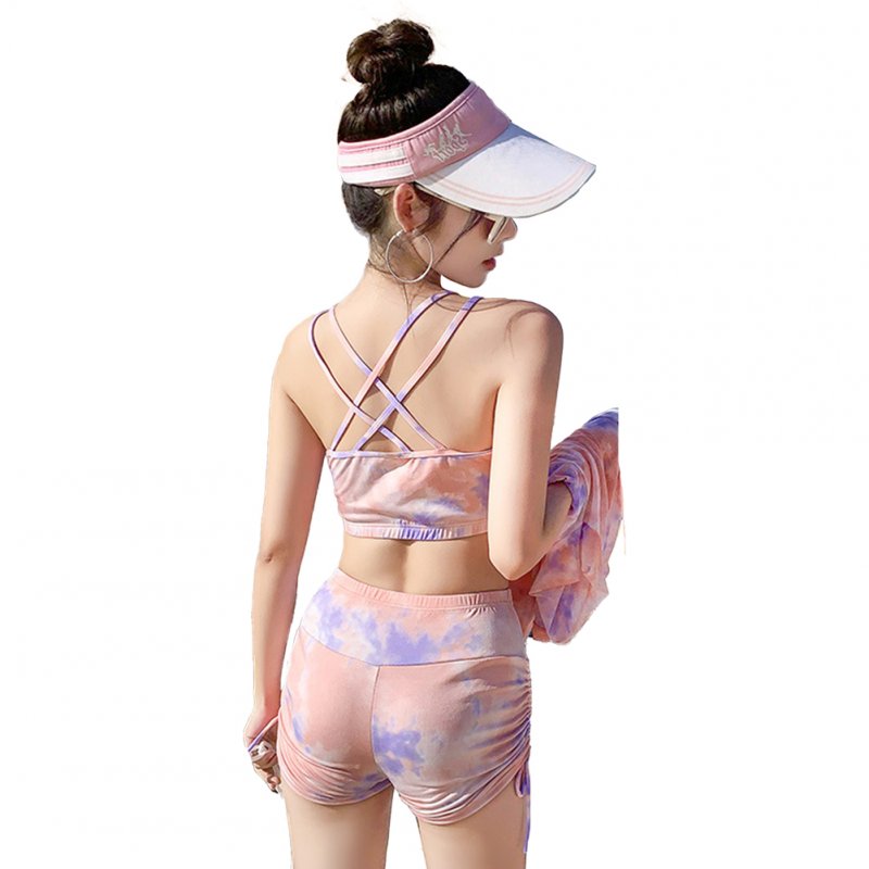 3pcs Women Bikini Set With Long Sleeves Sunscreen Cover-up Sweet Printing Sleeveless Tops Shorts Suit red 8962136 M