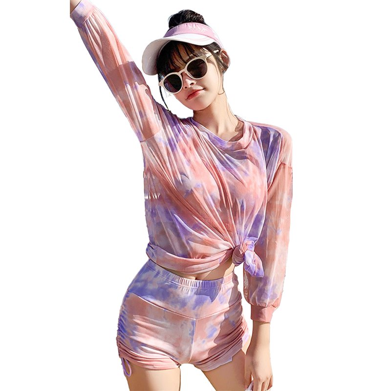 3pcs Women Bikini Set With Long Sleeves Sunscreen Cover-up Sweet Printing Sleeveless Tops Shorts Suit Watermelon Red L