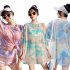 3pcs Women Bikini Set With Long Sleeves Sunscreen Cover up Sweet Printing Sleeveless Tops Shorts Suit 8282130 yellow XL