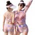 3pcs Women Bikini Set With Long Sleeves Sunscreen Cover up Sweet Printing Sleeveless Tops Shorts Suit yellow L