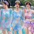 3pcs Women Bikini Set With Long Sleeves Sunscreen Cover up Sweet Printing Sleeveless Tops Shorts Suit yellow L