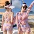 3pcs Women Bikini Set With Long Sleeves Sunscreen Cover up Sweet Printing Sleeveless Tops Shorts Suit yellow L
