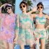 3pcs Women Bikini Set With Long Sleeves Sunscreen Cover up Sweet Printing Sleeveless Tops Shorts Suit yellow L