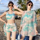 3pcs Women Bikini Set With Long Sleeves Sunscreen Cover-up Sweet Printing Sleeveless Tops Shorts Suit lake green M